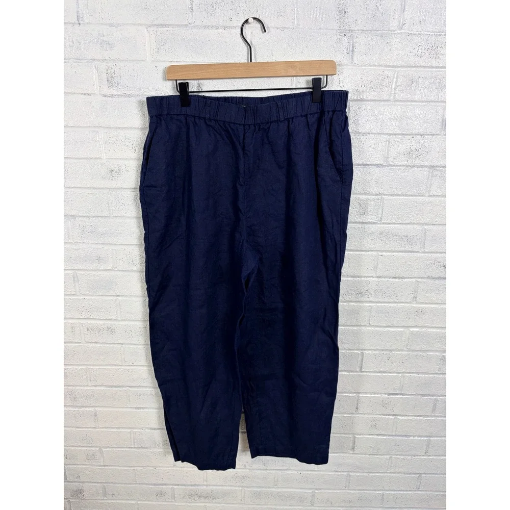 Quince 100% European Linen Pants Women L Deep Navy Blue Elastic Waist Pockets